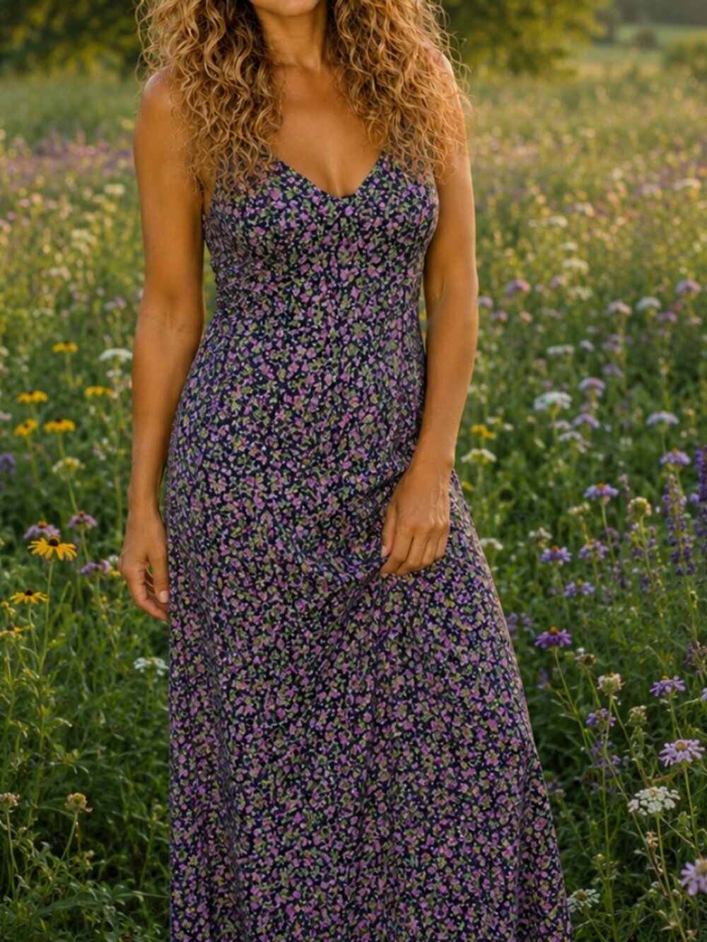 Time and Tru Purple Floral V-Neck Maxi Dress